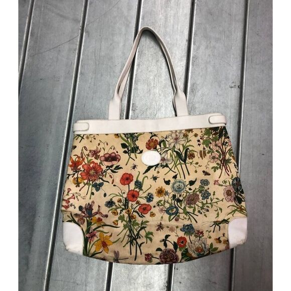Vintage Gucci Tote Bag Floral Canvas White Leather - Picture 1 of 12